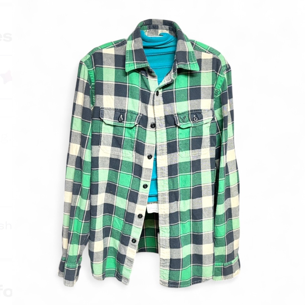 American Eagle Outfitters Green and Blue Plaid Flannel Shirt Athletic Fit Sz M